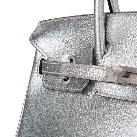 silver metallic chèvre leather hermes birkin bag featuring palladium hardware|Pre.